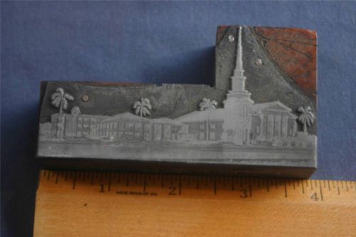 Letterpress printing block street view with church homes car     (010) for sale