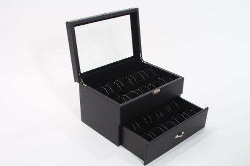 Black Carbon Fiber Pattern Faux Leather 20 Watch Jewelry Case Display Glass Top