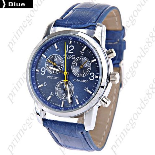 Unisex PU Leather Round Quartz Analog Wrist Sub Dials in Blue Free Shipping