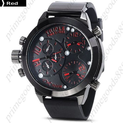 Hot series punk 3 time zones wristwatch quartz analog men&#039;s black red face for sale