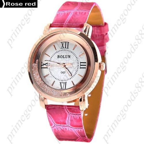 Loose rhinestones pu leather analog quartz wrist wristwatch women&#039;s rose red for sale