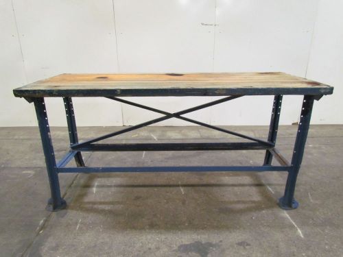 Vintage industrial butcher block workbench table blue welded steel frame 72x28&#034; for sale