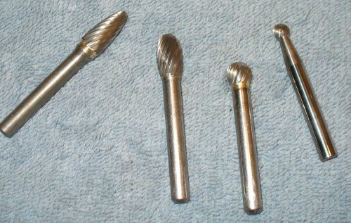 4 CARBIDE BURS,    1/4&#034; shank,  (W12),  used, USA.,  burrs, FREE SHIPPING