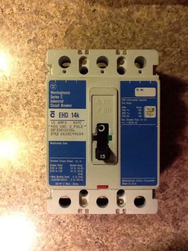 Westinghouse Series C Industrial Circuit Breaker EHD3015, 15 Amps 480 VAC 3 Pole