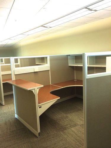 Classy Khaki Benching Cubicles with Glass Panels