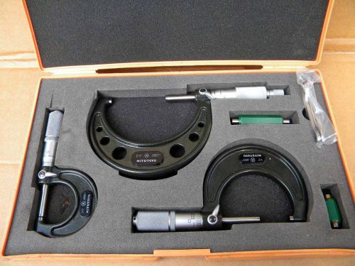 Mitutoyo 209-902 OMST-3&#034;V 3-Piece Micrometer Set 0-3&#034; With Storage Case .0001