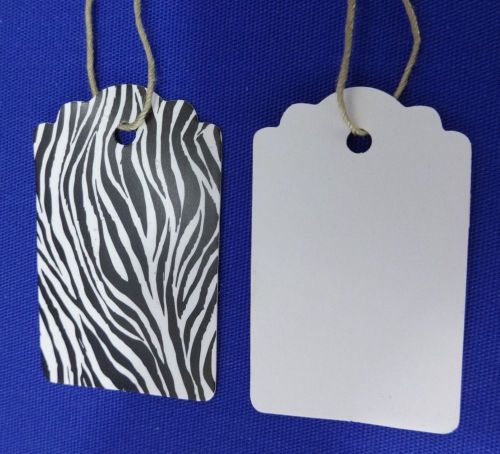 100 scalloped zebra skin print 1 x 1 5/8  merchandise price tags string strung for sale