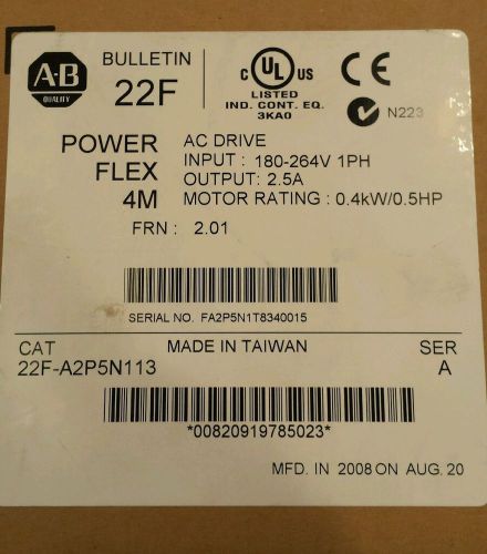 New Allen Bradley 22F-A2P5N113  PowerFlex 4M AC Drive 180-264V 1PH, 2.5A SER A