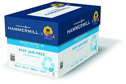 Hammermill Great White 30% Recy, 20lb, 11&#034; x 17&#034;, Ledger, 92 Bright, 2500 Ream