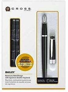 Cross Bailey Lacquer Black Fountain Pen, Medium + 6 Fountain Pen Cartridges