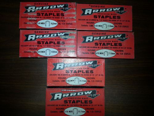 ARROW T-25 Round Crown Staples, 9/32&#034;, 7/16&#034;, 3/8&#034; 1000/pk 6 boxes total