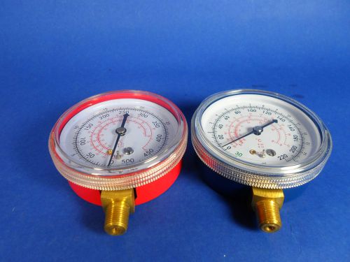 MANIFOLD PRESSURE GAUGES SET HIGH (RED) &amp; LOW (BLUE) R12. R22 AND R502