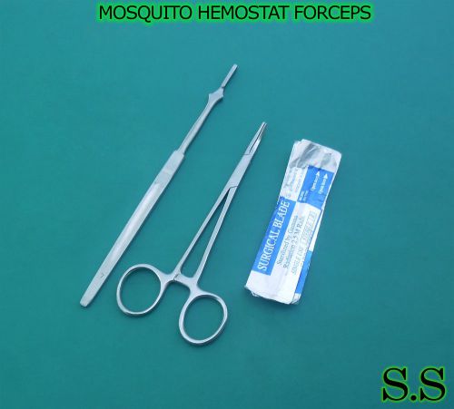 MOSQUITO HEMOSTAT FORCEPS 5&#034; CURVED +SCALPEL HANDLE #7+5 SURGICAL BLADES #10