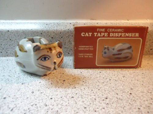 #18) vintage cat tape dispenser   fine ceramic hand painted with box for sale