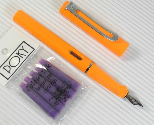 JINHAO 599B Fountain pen ORANGE plastic barrel + 5 POKY cartridges VIOLET ink