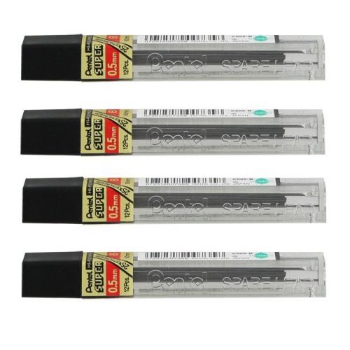 Pentel Super Hi-Polymer Lead Refills, 0.5mm, HB, 12 Leads/Tube, 4/PK -PENC505HB