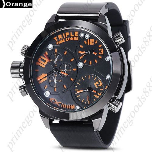 Hot series punk 3 time zones wristwatch quartz analog men&#039;s black orange face for sale