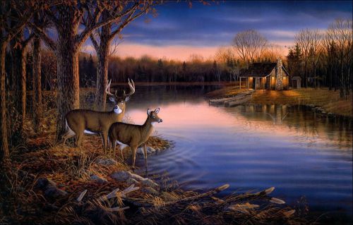 Hd print oil painting on canvas scenic lake two deer 24x36inch+ frame for sale