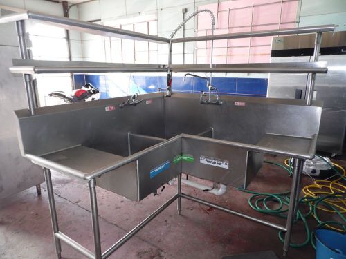 Three bay or compartment corner sink with stainless steel selfs ** sharp ** for sale