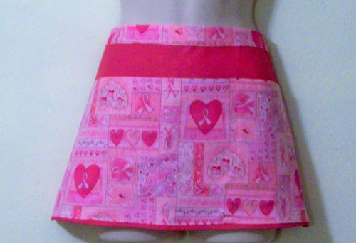 6405 Hand Made waitress half APRON, 3 pockets Pink Cancer Ribbon &amp; Hearts