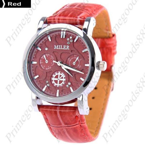 Round PU Leather Lady Ladies Analog Wrist Quartz Wristwatch Women&#039;s Red