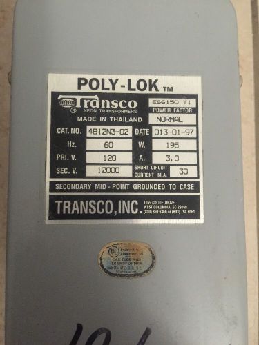 Transco/ lecip neon transformer 12000v 120v 3.0a 195w  model 4b12n3 for sale