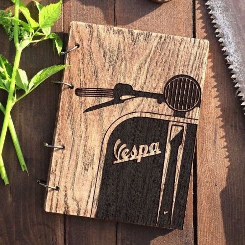 Vespa wooden (oak) notebook / travelbook / sketchbook on split rings A5