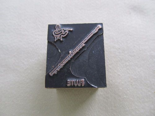 Vintage copper on wood letterpress block - Flute and flute player