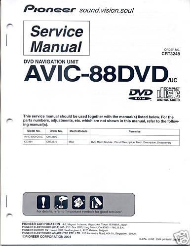 PIONEER SERVICE MANUAL AVIC-88DVD CRT3248 FREE US SHIP