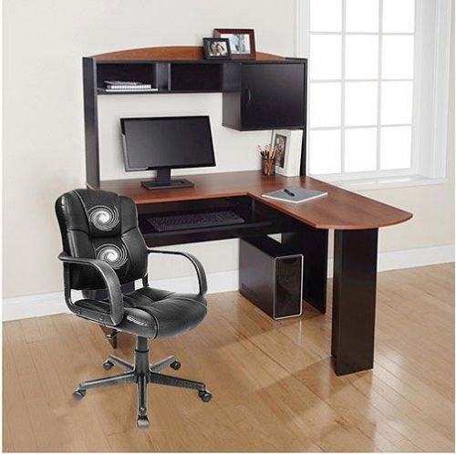 Corner L Shaped Office Desk with Hutch, Black and Cherry