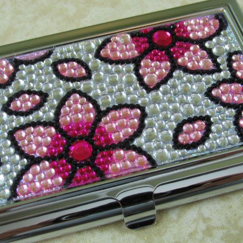 New Pink Retro Encrusted Rhinestones Business Card Holder Silver-tone