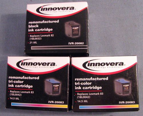 3 COMPATIBLE W/ LEXMARK (1) 82 BLACK (2)83 COLOR INK CARTRIDGES 18L0032/18L0042