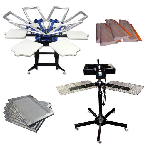 6 color 6 station screen press &amp; dual platform flash dryer kit w/ squeegee frame for sale