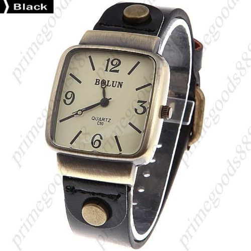 Square Case PU Leather Unisex Quartz Wrist Watch in Black Free Shipping