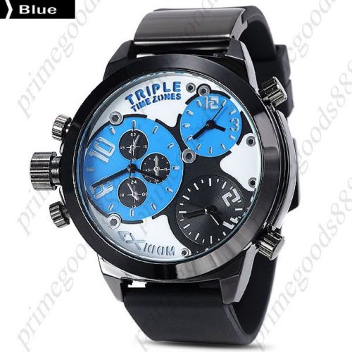 Hot series punk 3 time zones wristwatch quartz analog men&#039;s black blue face for sale