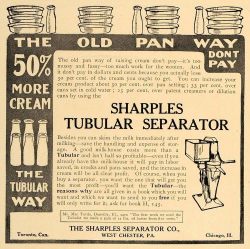 1907 ad sharples tubular separator machine cream milk - original advertising cl4 for sale