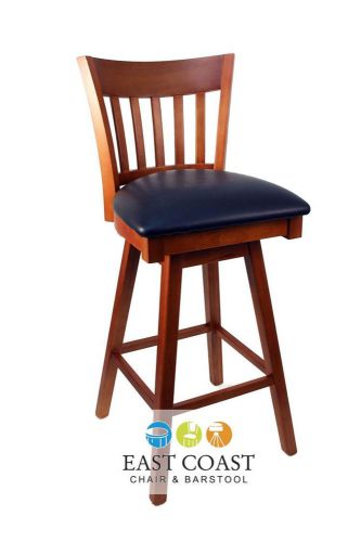 New Gladiator Cherry Vertical Back Wooden Swivel Bar Stool with Black Vinyl Seat