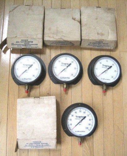 Lot of (4) large 6&#034; h.o. trerice pressure gauges in boxes for sale