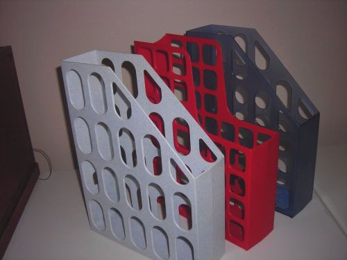 3 Desktop Magazine File  Holder Organizer Plastic Red, Grey and Blue