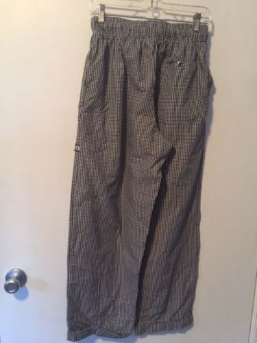 CHEF WORKS HEAVY BLACK CHECK PANTS ELASTIC WAISTW/TIE &amp; SIDE POCKETS SIZE MEDIUM