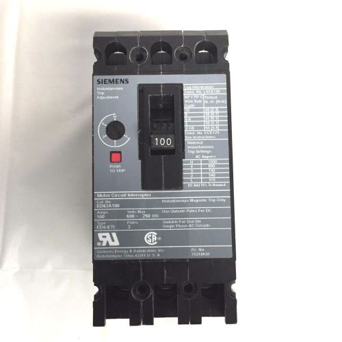 SIEMENS ITE ED63A100 TYPE ED6-ETI 3P 100A MOTOR CIRCUIT INTERRUPTER BREAKER B3