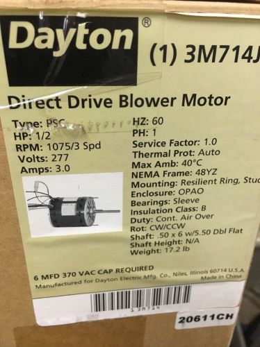 Dayton 3m714j direct drive blower motor 1/2 hp, 1075 rpm, 277v ***new*** for sale