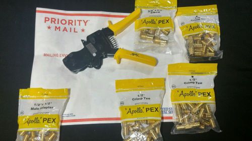 New Pex Cinch Clamp Crimp Tool &amp; (52) Fittings Lot-3/4 &amp;1/2 Tees/ Elbow/&#034;Adapyer