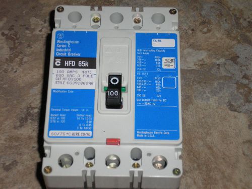 Westinghouse 100 amp 480/600v  3 pole breaker hfd 65k hfd3100 for sale