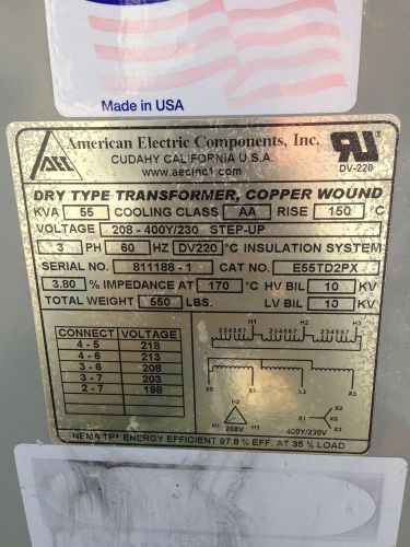 American electric components energy eff. 208-400y/230 step up transformer 55kva for sale