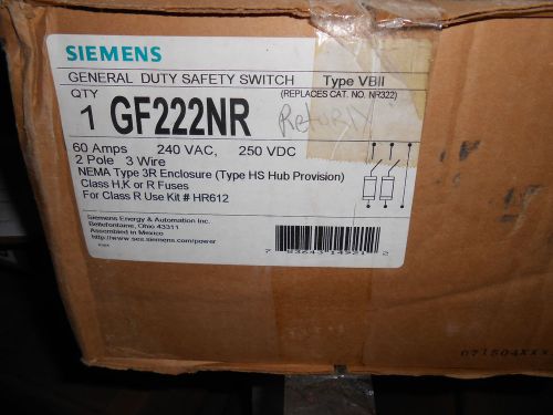 Siemens gf222nr 60 amp 240 volt 2p 3w nema 3r fusible disconnect for sale