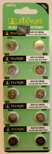 COIN CELL BATTERIES AG10, G10, LR1130, 389, SR1130, 189  2 STRIPS (20 BATTERIES)