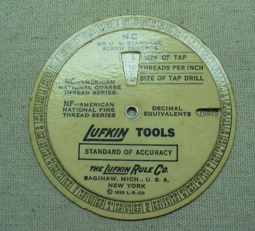 1935 LUFKIN SCREW THREAD AND TAP DRILL SIZES GAUGE - NC NF  NPT