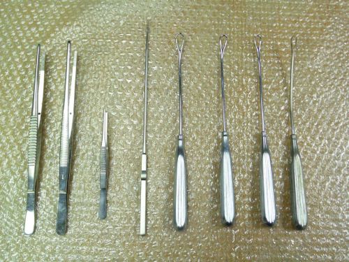 Lot of 8 Instruments: 5 Curettes (Kevorkian &amp; Thomas) 3 Forceps (Dress &amp; Tissue)