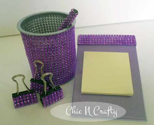 BRING ON THE BLING Purple Faux Rhinestone Mesh Desk Set~Dorm Accessory